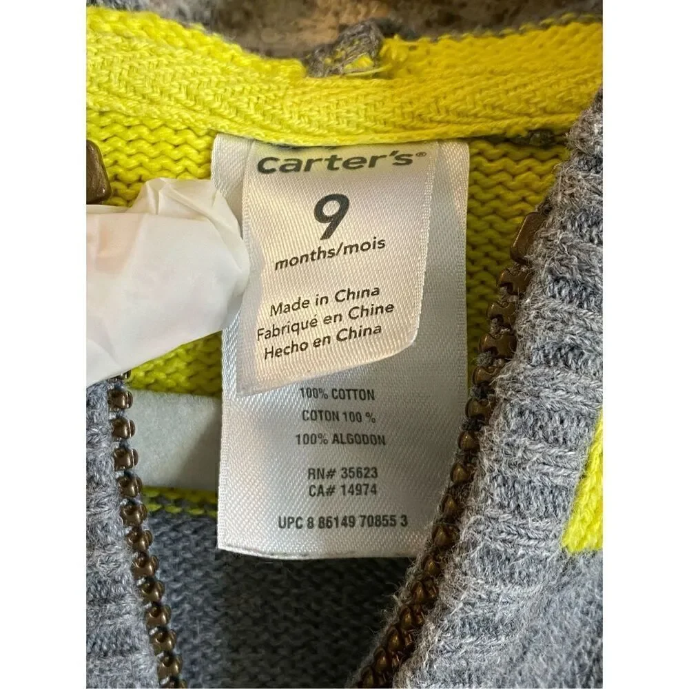 Carter’s Yellow/Gray Striped Hooded Full Zip Cardigan Sweater Baby Size 9 Months